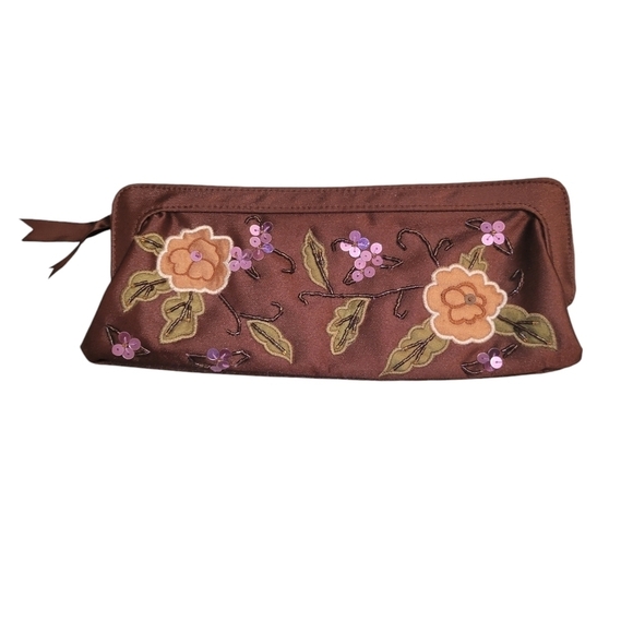 Vintage Floral Fabric Clutch with Embroidered and Beads 10" x 4" Brown - Picture 1 of 4